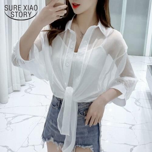 2021 Summer Super Thin Solid Color Chiffon Cardigan Short Sleeve Loose Women Blouse Sun Protection Women Blouses Shirts 9236 50