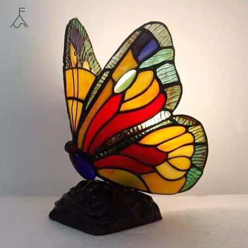 Artpad Stained Glass Tiffany Butterfly Lamps with US/EU Plug In E27 Bedroom Bedside LED Butterfly Light for Table Night Fixtures