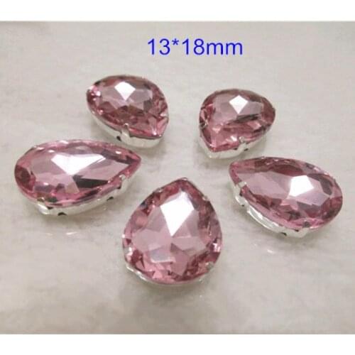 25pcs - 13*18mm Teardrop Sew on Bead Pink Glass Faceted Silver Setting Flat Back Bead Sewing Jewelry Decoration Sparkling