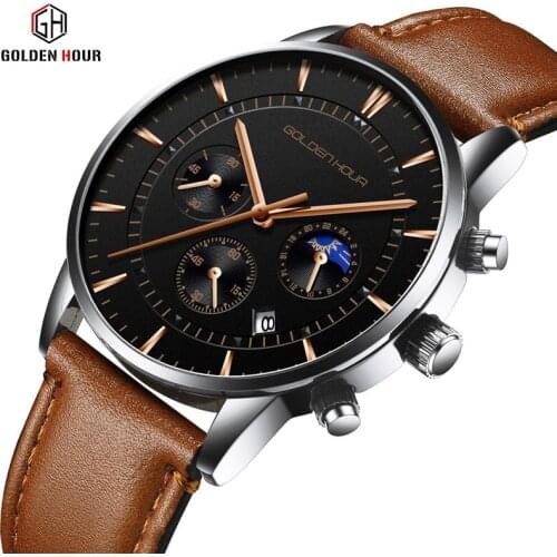 GOLDENHOUR Mens Watch Top Brand Luxury Fashion Quartz Watch Men Leather Waterproof Sports Wrist Watch Male Relogio Masculino