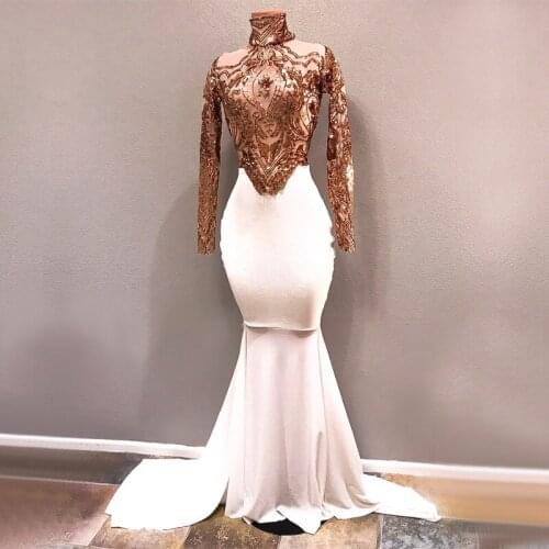 Long White Prom Dresses 2021 Elegant See Through High Neck Long Sleeve Gold Sequin African Girl Mermaid Prom Dress Queen