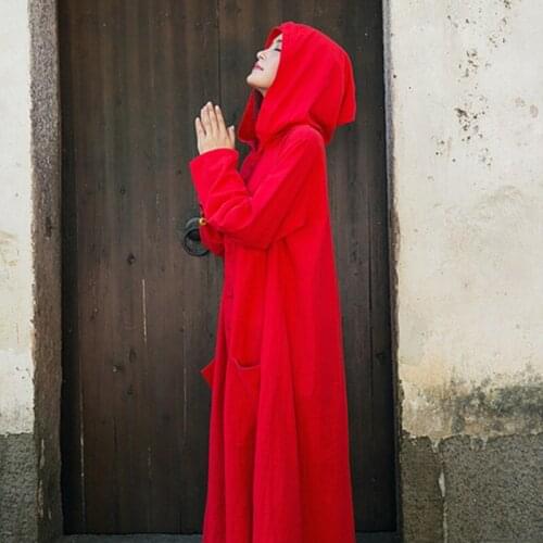 Chinese Traditional Style Summer Hanfu Linen Loose Cardigan Robes Women Oriental Cloak Casual Hooded Ethnic Tunic Robe 11501