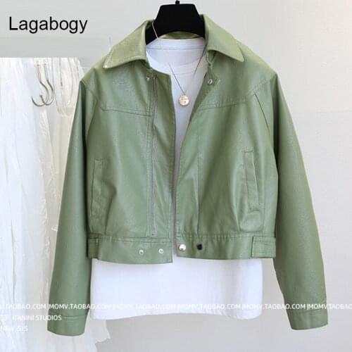Lagabogy New Women Short Faux PU Leather Jacket Autumn Long Sleeve Zipper Moto Biker Coat Turn-Down Collar Black Green Outwear
