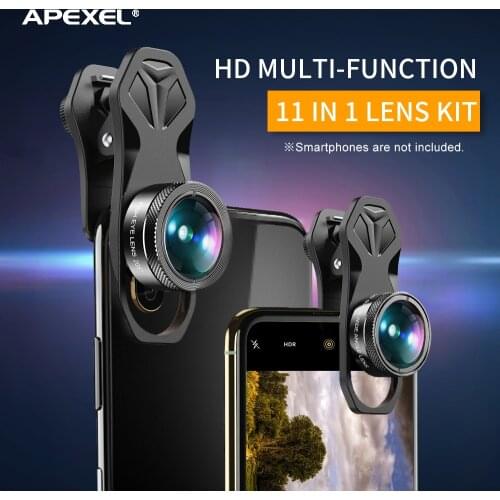 APEXEL APL-DG11 HD Phone Camera Lens Kit 11in1 Micro Lens 140° Wide Angle Lens ND32 CPL Star Filters for iPhone Samsung Phones