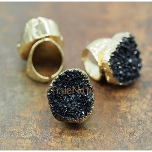 Irregular Shape Black Druzy Crystal Charm Rings Gold Druzy Women Rings Big Heavy Ring Style In 28*34 mm RM5764