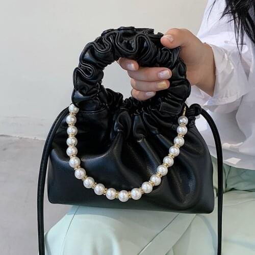 Pure Color Pleated Womens Bag 2021 Simple Designer Small Crossbody Bags Female Pearl Tote Handbags Drawstring Shoulder Bags Sac