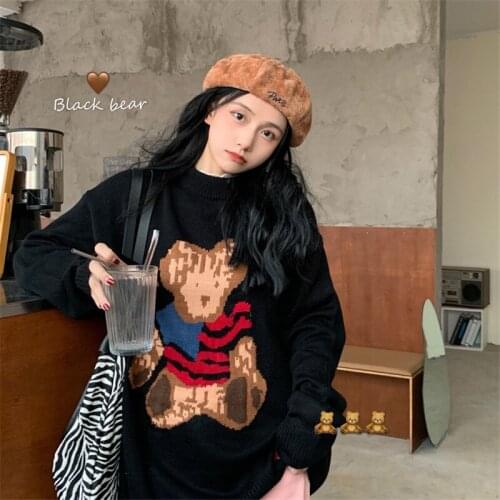 Autumn Winter Bear Women Sweater Students Pullovers O-Neck Japanese Cartoon Thick Sweaters Casual Fashion Solid Tops Female