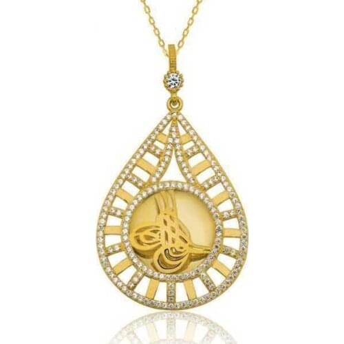 Silver Drop Tuğralı Gold Plated Lady Necklace