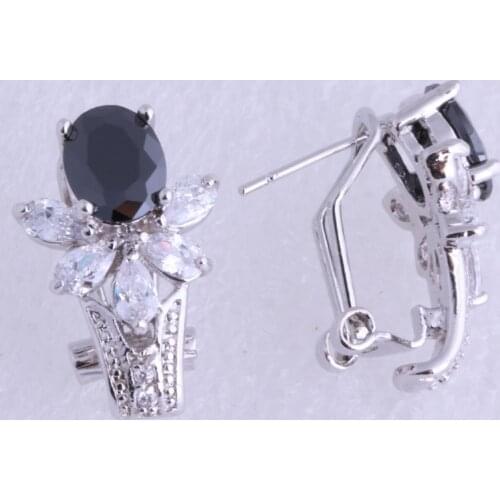 Love Monologue Top Quality Flower Style Black Imitation Onyx White Cubic Zirconia Silver Color Clip Earrings J0554 Fast Shipping