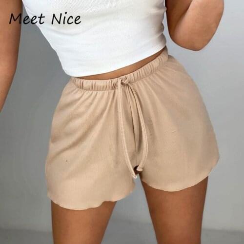 New Ladies Women Summer Drawstring Rib Knit Shorts Casual Soft Comfy Solid Color Shorts High Waist Workout Short Pants