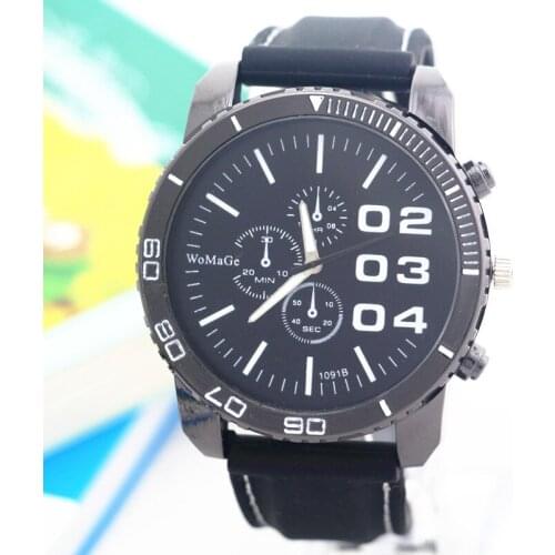 Silicone band,Black plating case with marker,Quartz movement,Womage man silicone quartz movement,three eye imprint dial,1091