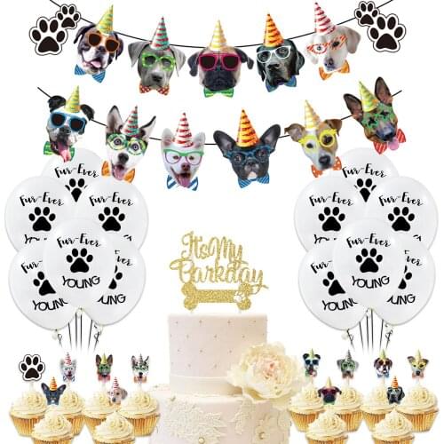 Pet Birthday Party Decoration For Home Gifts Cute Bithday Hat Dog Face Banner Paw Printed Balloons Dog Cake Topper Dog Supplies