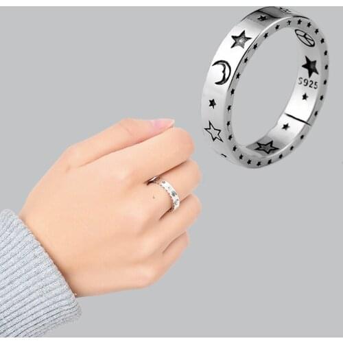 Vintage Moon Star Open Thai Silver Color Ring Smiling Face Finger Rings For Fashion Women Jewelry