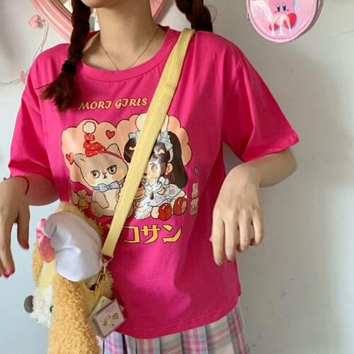 E-Girls Y2K Harajuku Kawaii Sweet Cartoon Cotton Top Cat Print Japanese Casual Loose Vintage Streetwear Loose Chic Women T-Shirt