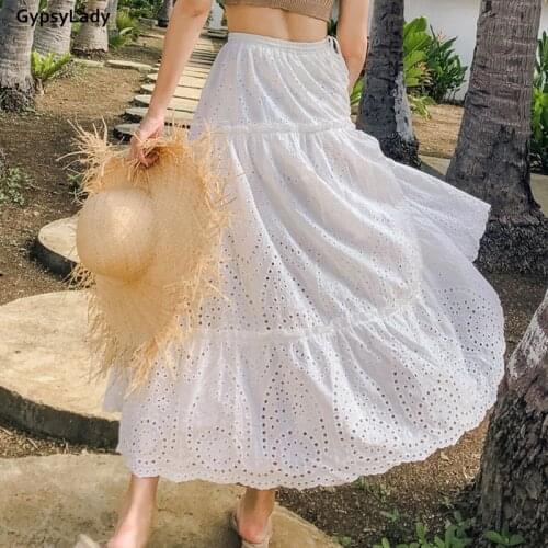 GypsyLady 100% Cotton White Pleated Skirt Boho Casual Summer Women Long Skirts Tassels Hollow Out Ruffles Ladies Chic Skirt 2021