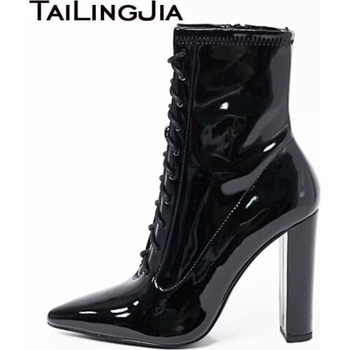 2020 New Arrival Black Patent Leather Chunky Heel Short Boots for Women Pointed Toe Block Heel Booties Large Size Lace Up Boot