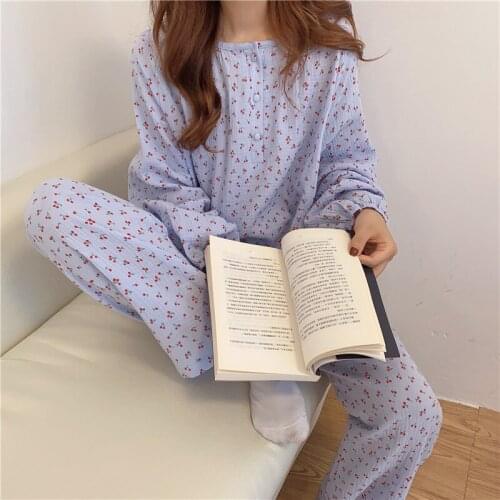 Ladies Pajamas Suit Cotton Cherry Print Sleepwear Homewear Long Sleeve Tops Pant Loose O-neck Pullover Pijamas Comfortable