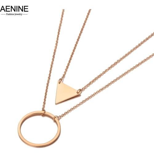 AENINE Bohemia Double Layer Geometry Triangle Circle Charm Pendant Necklaces For Women Stainless Steel Choker Necklace AN20164