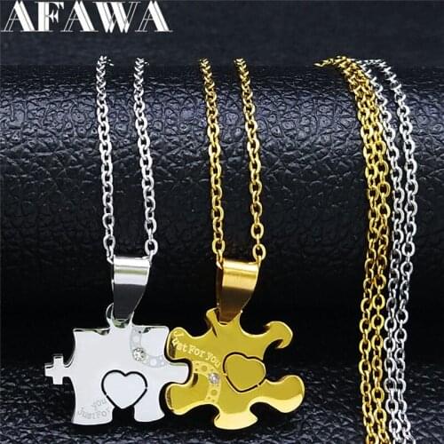 2PCS Puzzle Love Heart Stainless Steel Crystal Couple Chain Necklaces Gold Silver Color Jewelry acero inoxidable joyeria NXS01