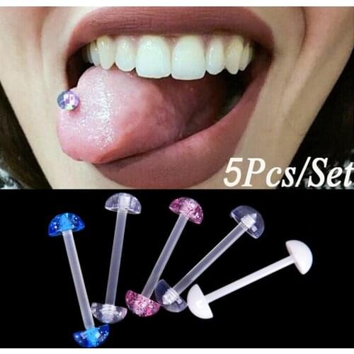 5Pcs/Set Mixed Acrylic Ball Tongue Ring Soft Mixed Ball Tongue Ring Navel Nipple Barbell Rings Bars Body Jewelry Piercing