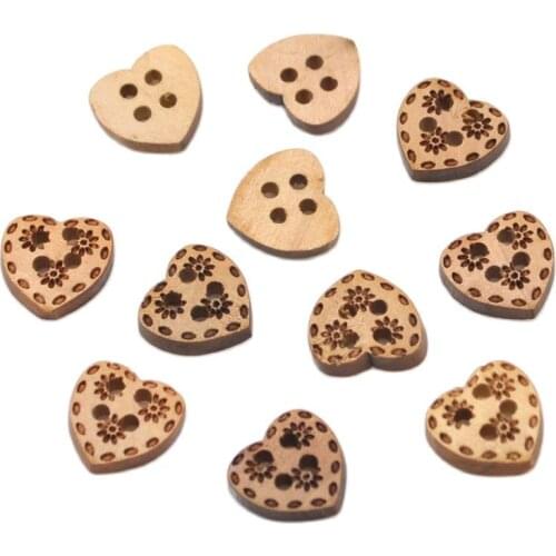 100pcs DIY Wooden Heart Button With Flower Pattern Fashion Fastener For Craft And DIY Button
