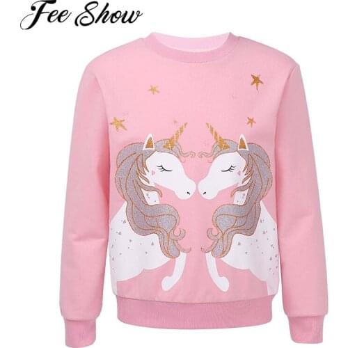 Kids Girls Autumn Tops T-shirt Hoodies Round Neck Long Sleeves Glittering Cartoon Horse Print Sweatshirt Streetwear Out Wear