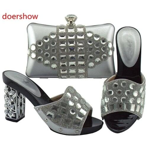 Doershow Italian silver Shoes with Matching bags For Party african Shoes And Bags Set For Wedding Shoe and Bag Sets SUU1-7