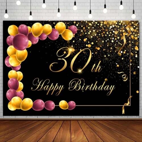Happy 30th Birthday Photography Background Golden Purple Balloons Glitter Woman Black Backdrop Photo Studio Photozone Photophone