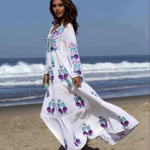 Jastie Floral Embroidered Maxi Dress Tassel V-Neck Long Sleeve Autumn Boho Dress Vintage Hiipie Chic Beach Dresses Vestidos 2020