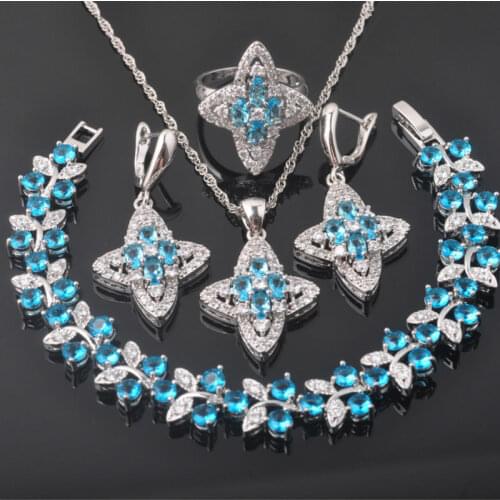 Sparkling Sky Blue Zirconia Silver Color For Women Jewelry Sets Crystal Bracelet Necklace Pendant Earrings Ring QS0344
