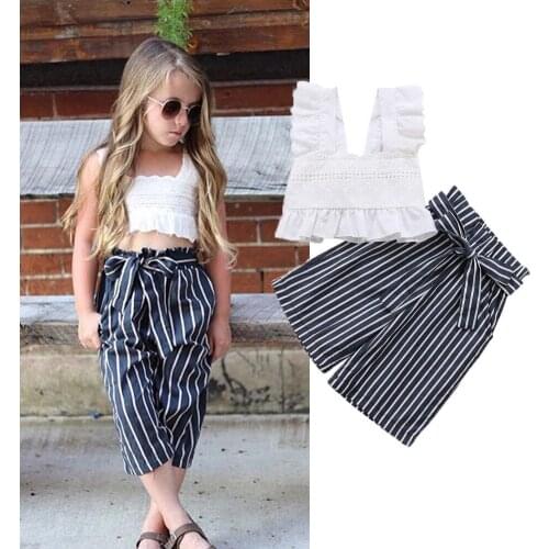 2019 Hot Fshion Toddler Baby Girls Lace White Tops Vest +Long Bowknot Wide Leg Pants Set Kid Clothes Outfits