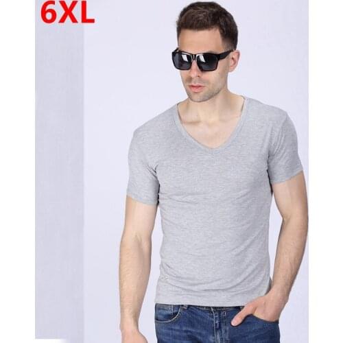 Large size summer new mens modal V collar plus fertilizer to increase short-sleeved T-shirt plus size shirt