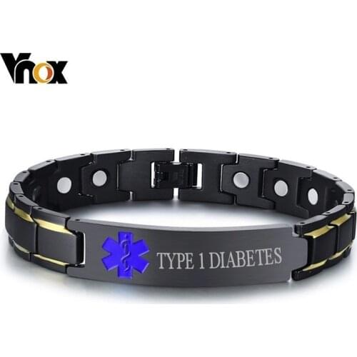 Vnox TYPE 1 DIABETES Medical Alert Mens ID Bracelets Free Engraving Black Stainless Steel Therapy Healing Jewelry