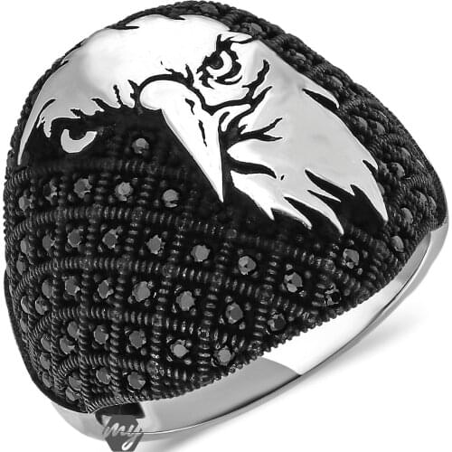 Solid 925 Sterling Silver Eagle Design Micro Black Zircon Stone Mens Ring