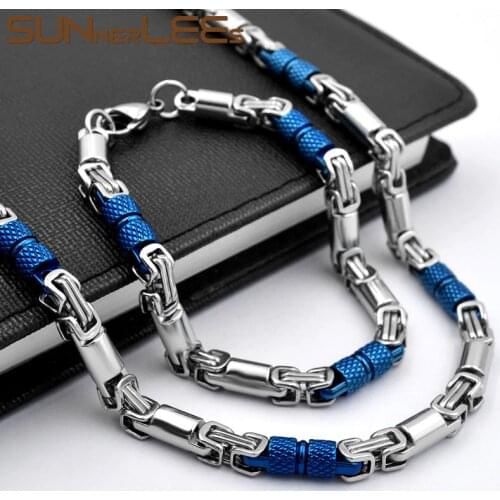 SUNNERLEES 316L Stainless Steel Necklace Bracelet Set 6mm Geometric Byzantine Link Chain Gold Silver Color Men Women SC42 S