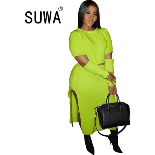 Solid color two piece set women spring clothes long sleeve pullover top + high waist long dress skirts sexy club outfits