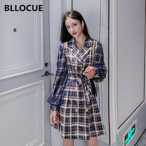 BLLOCUE 2019 Autumn New Plaid Long-Sleeved Mesh Stitching Bow Lace-Up Dress Female Double-Breasted A-Line Mini Chic Dress Women
