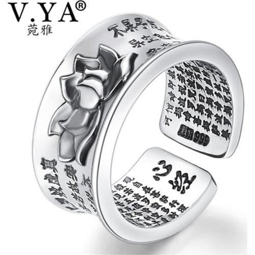 V.YA Pure 999 Sterling Silver Retro Open Rings With Buddhism Heart Sutra Lotus Floral Finger Ring For Men Women Jewelry