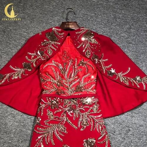 Rhine real Pictures Red Two Peices Satin Gold Beads Mermaid Floor Lengyth Dress Of Mother Arabic Evening Dresses Long
