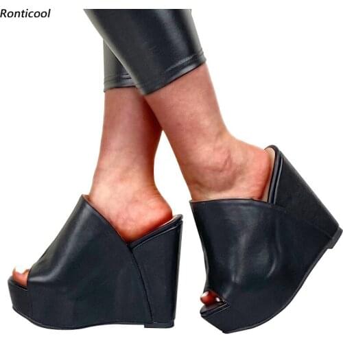 Ronticool Handmade Women Slingback Sandals Unisex Slip On Wedges High Heel Open Toe Classic Black Slippers Shoes US Size 5-20