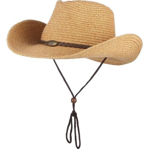Western Cowboy Sun Hat Wind Lanyard For Men Women Wide Brim Straw Hat Beach Cap Panama Fishing Fisherman Cap Summer Hats
