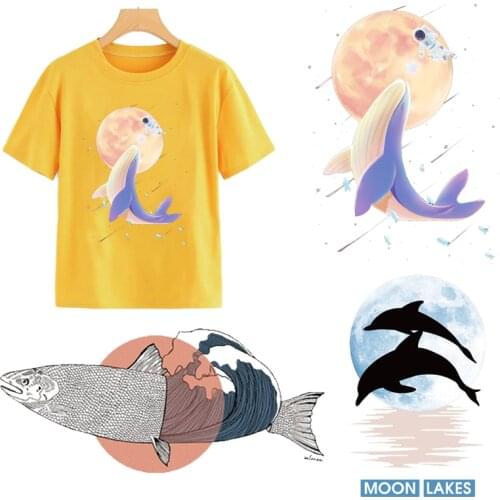 Whale Iron On Transfer For Clothing Moon Thermal Stickers Cartoon Heat Vinyl Transfer For Clothes Diy Applique Washable T Shirt