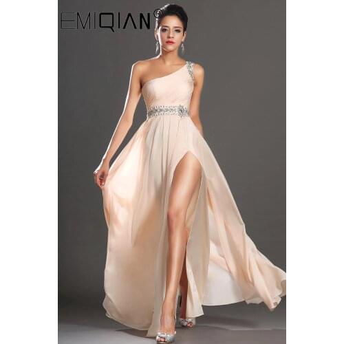 One Shoulder Beaded Evening Dress ,High Slit Chiffon Formal Evening Gowns