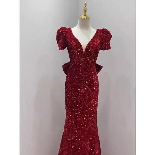 Burgundy Evening Dresses Mermaid V Neck Puffy Sleeves Backless Sequins Elegant Luxury Sexy Formal Celebrity Party Prom Gowns New