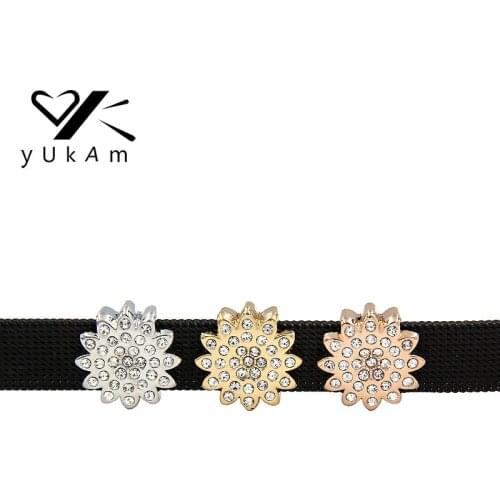 YUKAM Silver Color Gold Crystal Christmas Snowflake Sunflower Slide Charms Keeper for Mesh Bracelets Accessories Jewelry Making