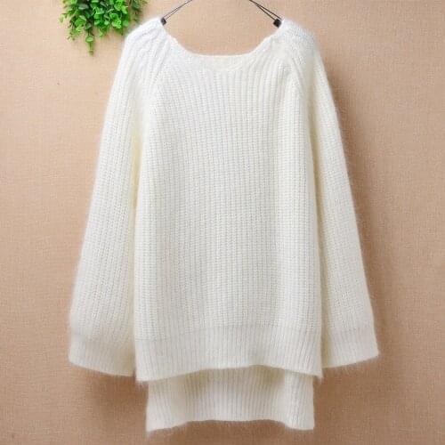 Ladies women winter fall thick warm hair angora rabbit fur knitted v-neck long sleeves loose outwear pullover jumper sweater top