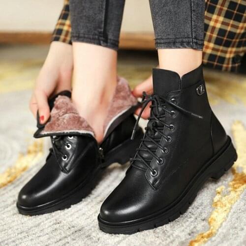 Sianie Tianie Genuine Leather Plush Fur Lined Solid Black Thick Sole Platform Lace-up Womans Shoes Winter Warm Ankle Snow Boots