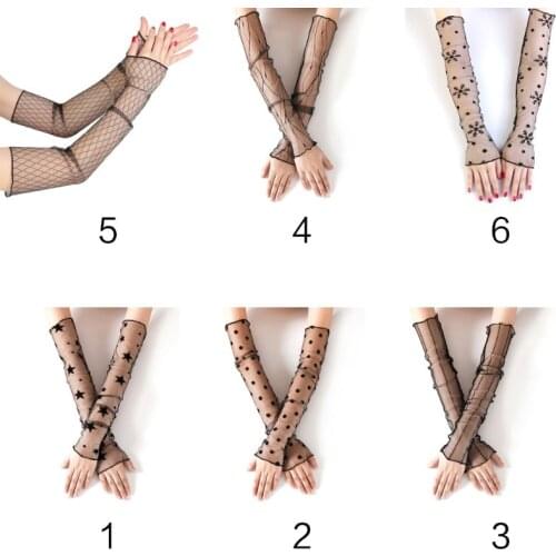 Women Girls Summer Ultra-Thin Arm Sleeves Elbow Length UV Protection Long Gloves Sheer Mesh Lace Solid Fingerless Sunscreen