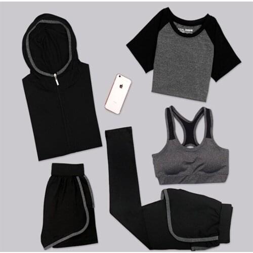 5pcs Women Yoga Fitness Sports Sets Gym Workout Sportswear T-shirt Yoga Pants Sport Leggings Suits
