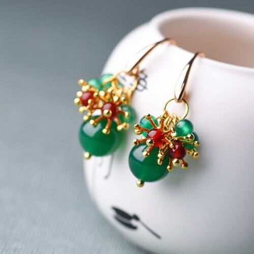 BOEYCJR Ethnic Vintage Elegant Natural Green Stone Bead Dangle Earrings Fashion Jewelry Drop Earrings For Women Gift